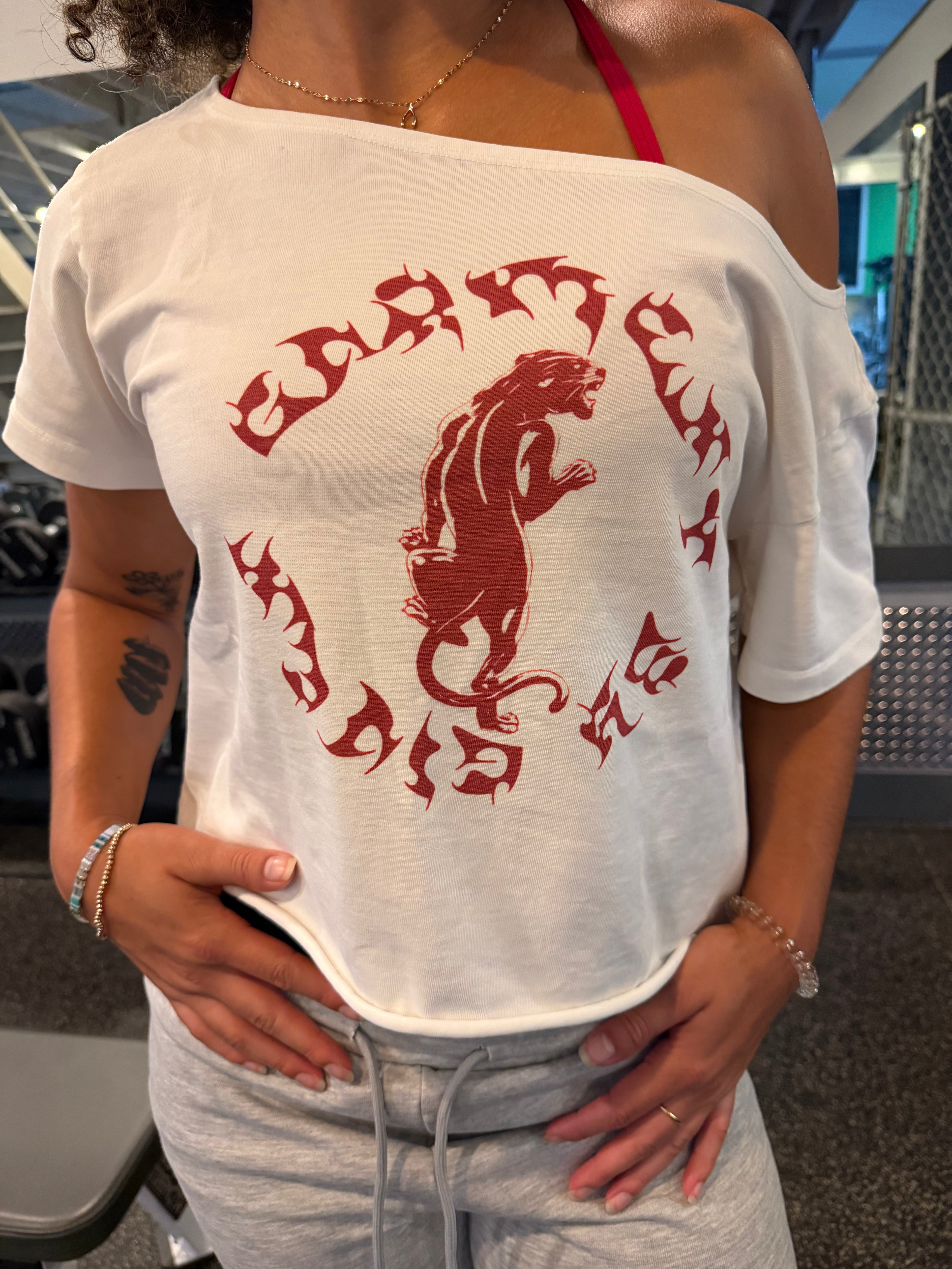 Panther Off-Shoulder Rolled Hem T-Shirt